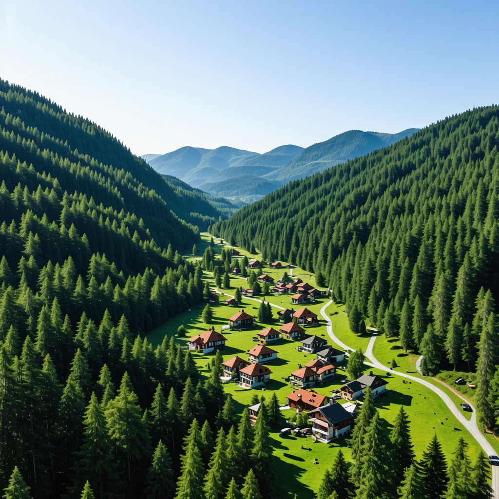 Drone aerial image showing hiking trails, forests, village and eco-tourism facilities in Tutin