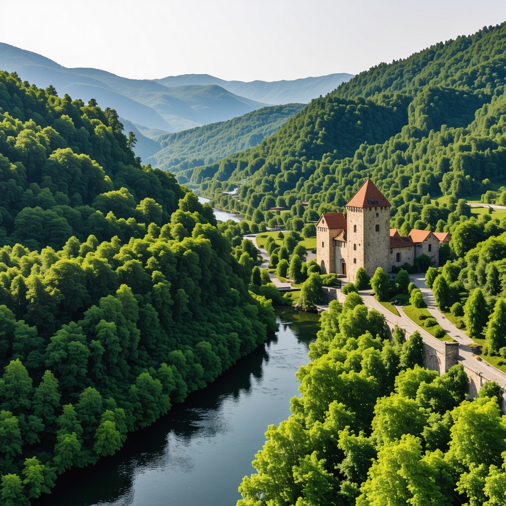 Aerial photo of Visegrad castle and Drina river with surrounding green nature and sustainable tourism features