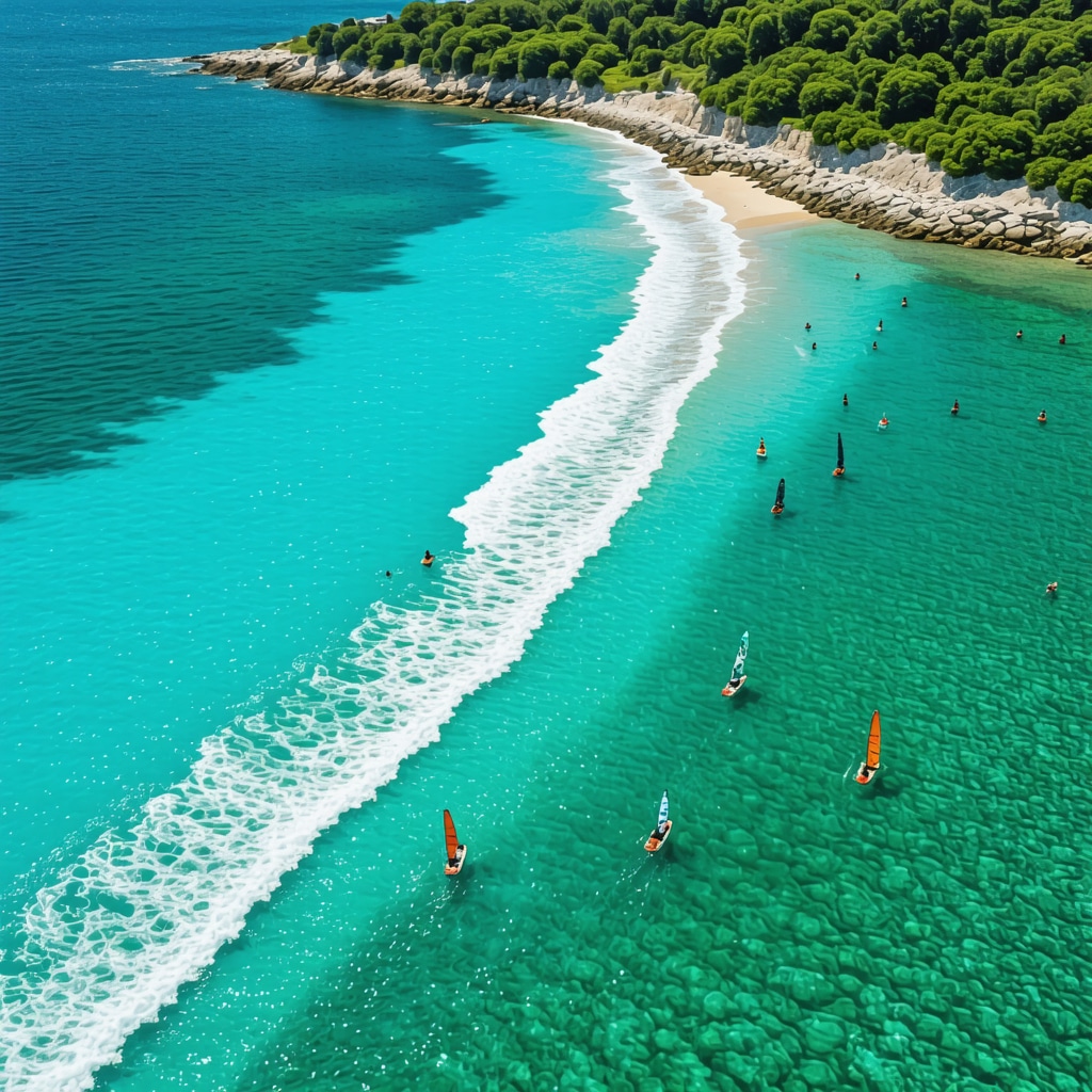 Aerial image of Mamaia Beach with electric sea scooters, windsurfing, and green coastal vegetation