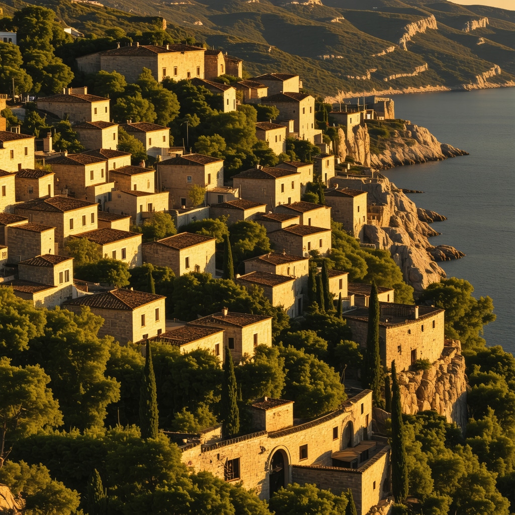 Historic Rhodes village with medieval stone houses, winding streets, surrounded by Mediterranean forest and sea under sunset