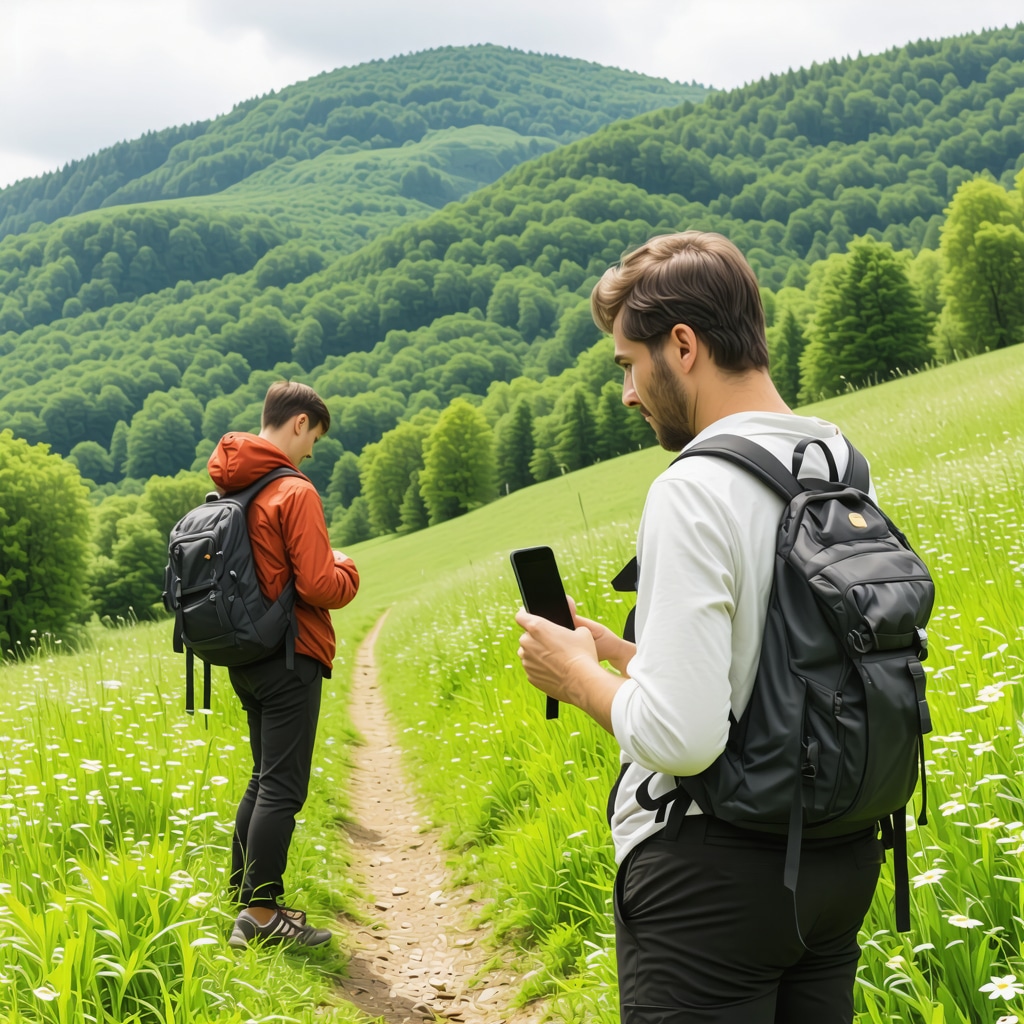 Hikers using smartphone app with lush Zlatibor mountains and environmental sensors