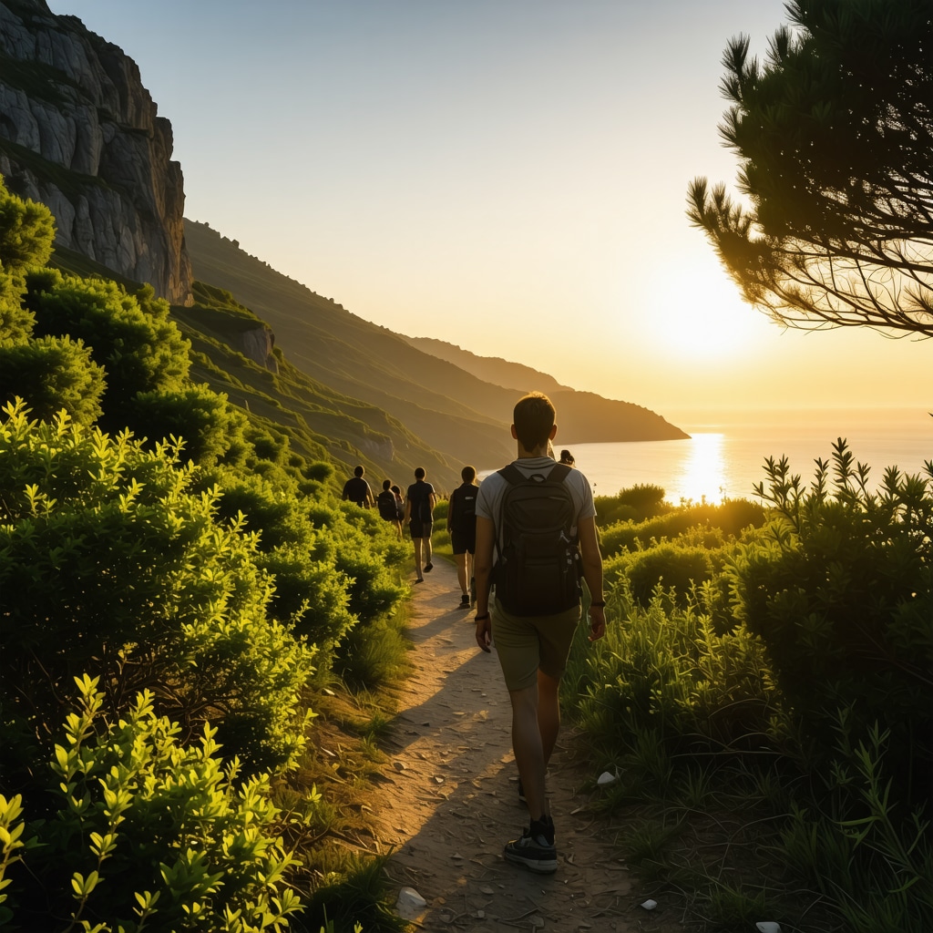 Hikers on a coastal nature trail at Altın Kumlar during sunset with lush greenery and sea views