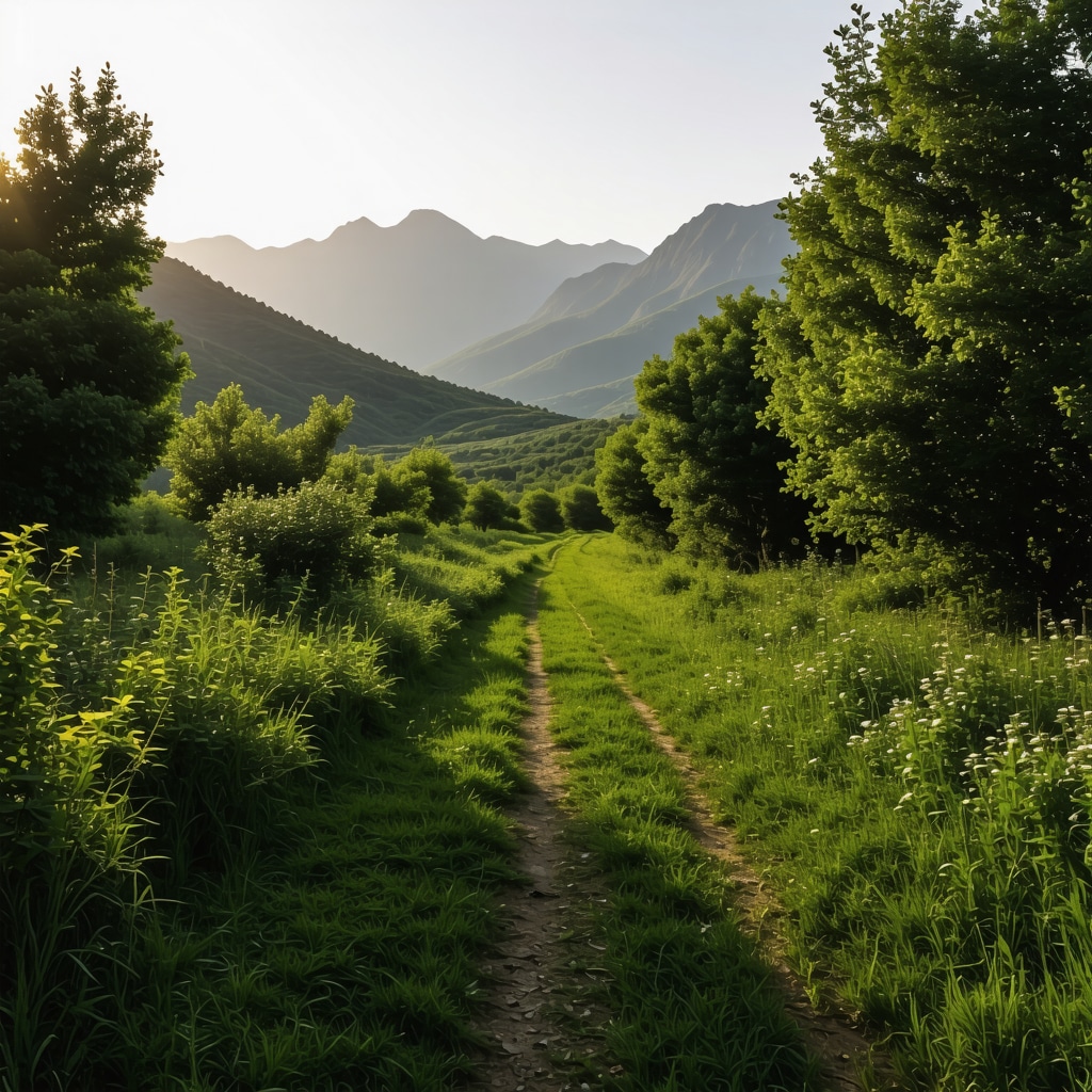 Peaceful hiking trail in Altın Kumlar with lush greenery and mountains at sunrise