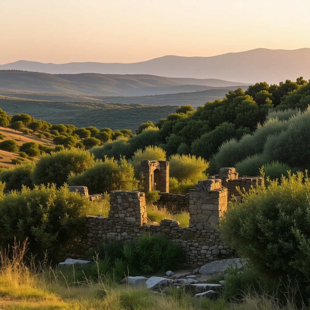 Sunset view of Apollonia Ancient City ruins with green valleys and olive trees