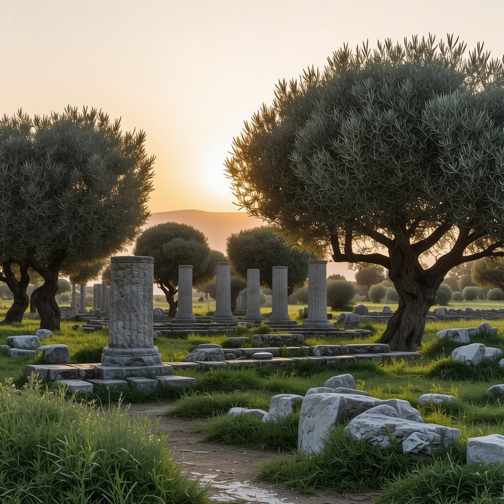 Sunrise view of Apollonia ancient ruins surrounded by olive trees, showcasing history and nature