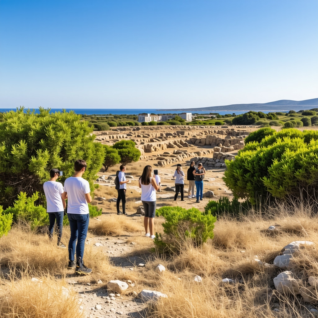 Apollonia Antik Kenti kazı alanında artırılmış gerçeklik cihazları kullanan turistler ve doğal Akdeniz bitki örtüsü