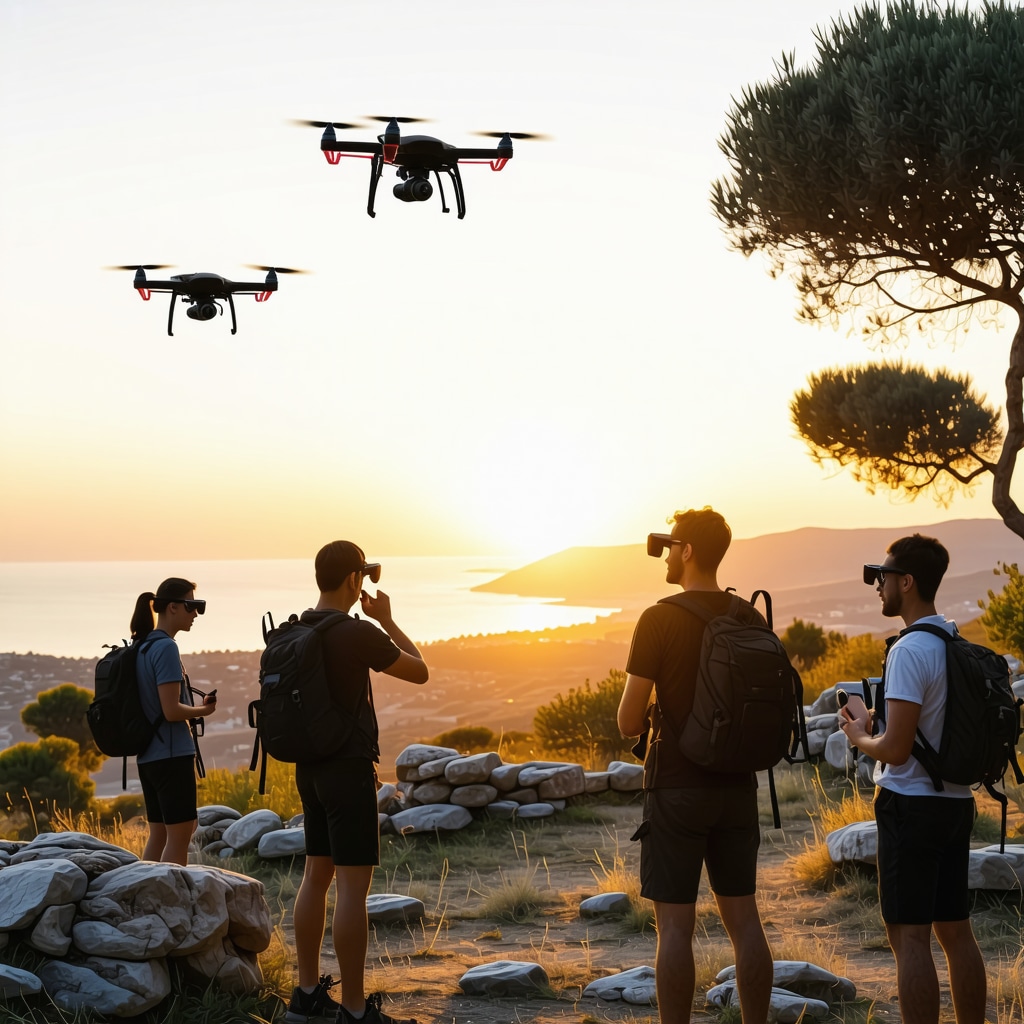 Hikers with AR glasses exploring Apollonia ruins at sunrise with drones flying, olive trees and sea in background