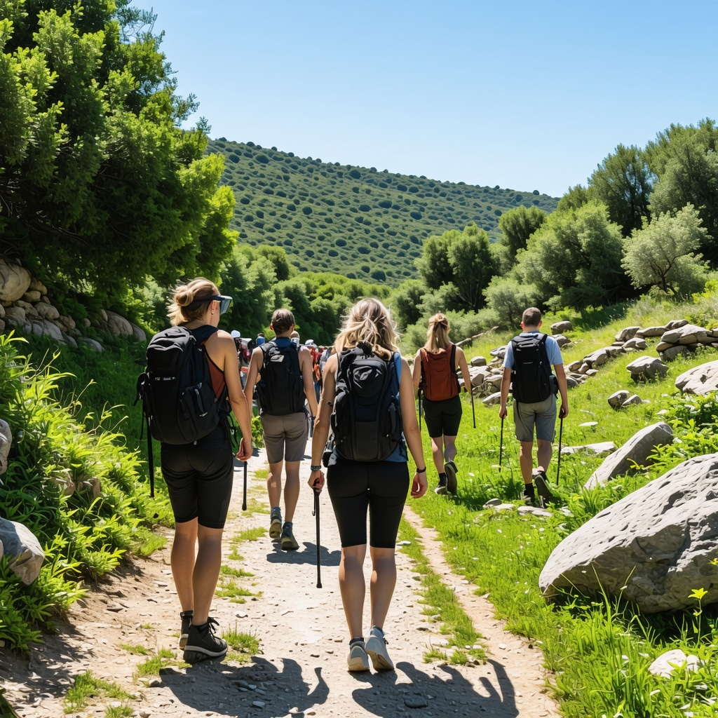 Hikers using GPS and AR glasses on a lush hiking trail in Arad with ancient ruins and diverse flora