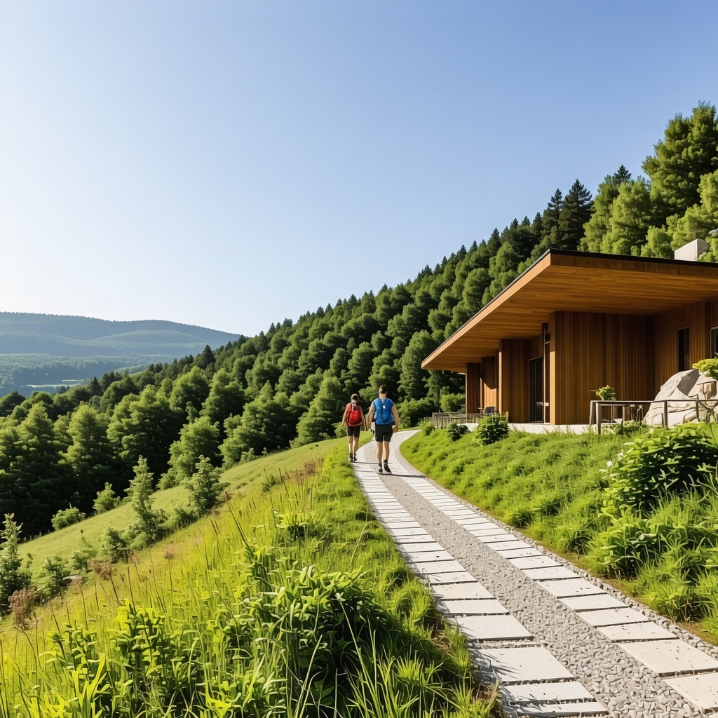 Hikers walking on a forest trail near modern thermal spa facilities in Aranđelovac, showcasing health and nature integration