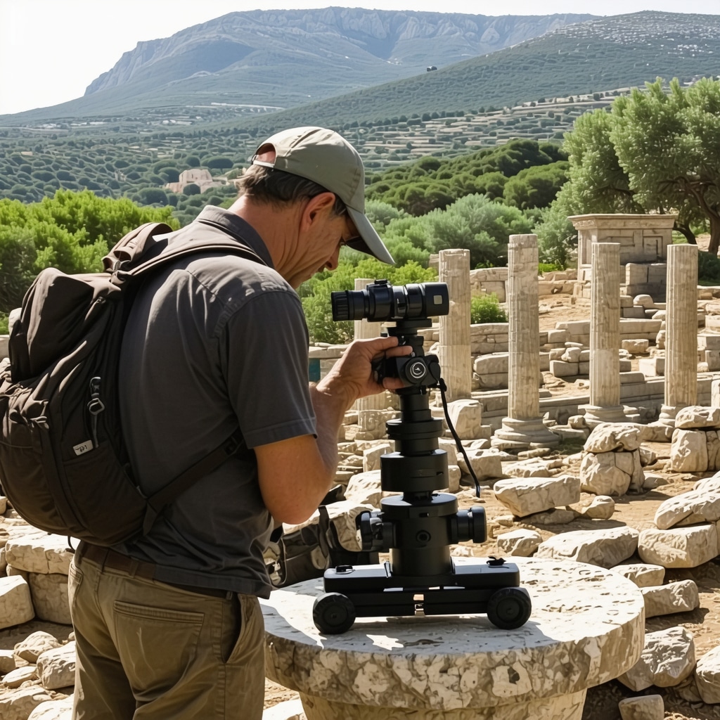 Archaeologist scanning ancient ruins in Rodos with 3D technology surrounded by Mediterranean nature