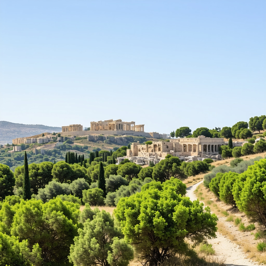 Panoramic image showing Athens with Acropolis ruins and green eco-tourism hiking paths