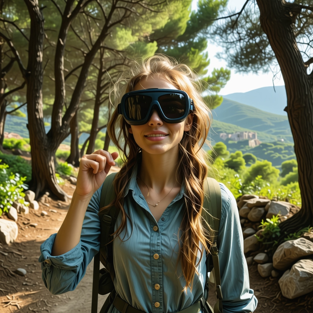Hiker wearing augmented reality glasses on a forest trail with historical ruins in Çanakkale