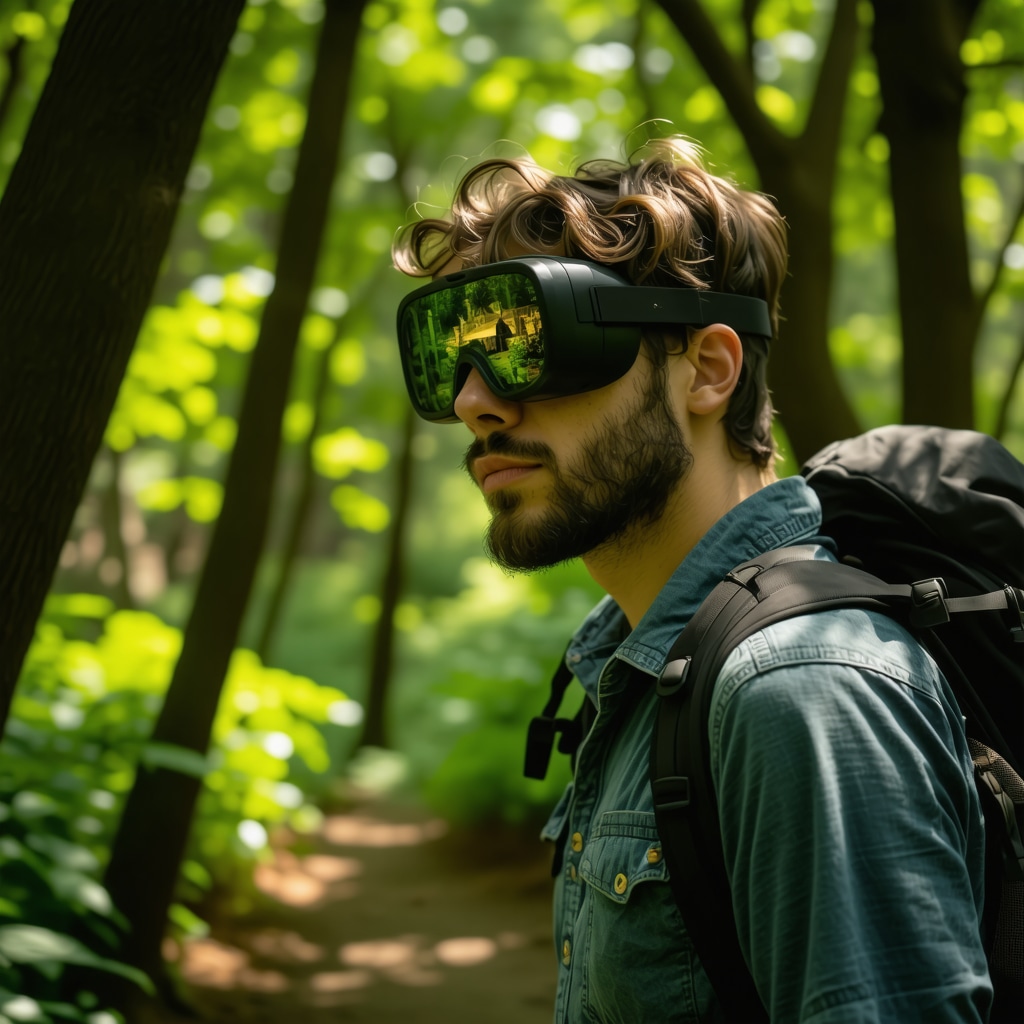 Hiker wearing AR glasses on a forest trail in Istanbul with digital overlays of historical and ecological information