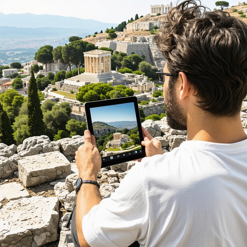 Tourist using augmented reality tablet to view ancient ruins surrounded by nature in Athens