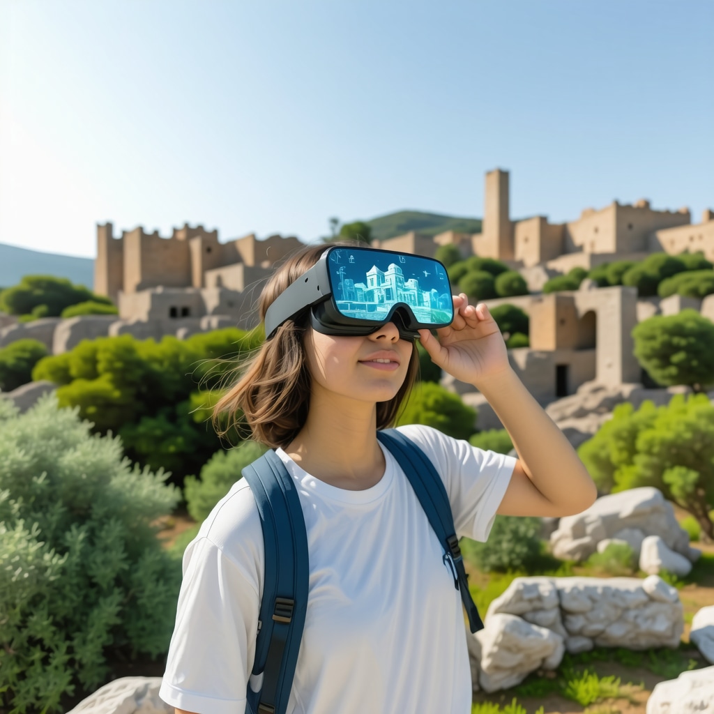 Tourist using augmented reality glasses to view holographic reconstructions at Efes Ancient City surrounded by nature