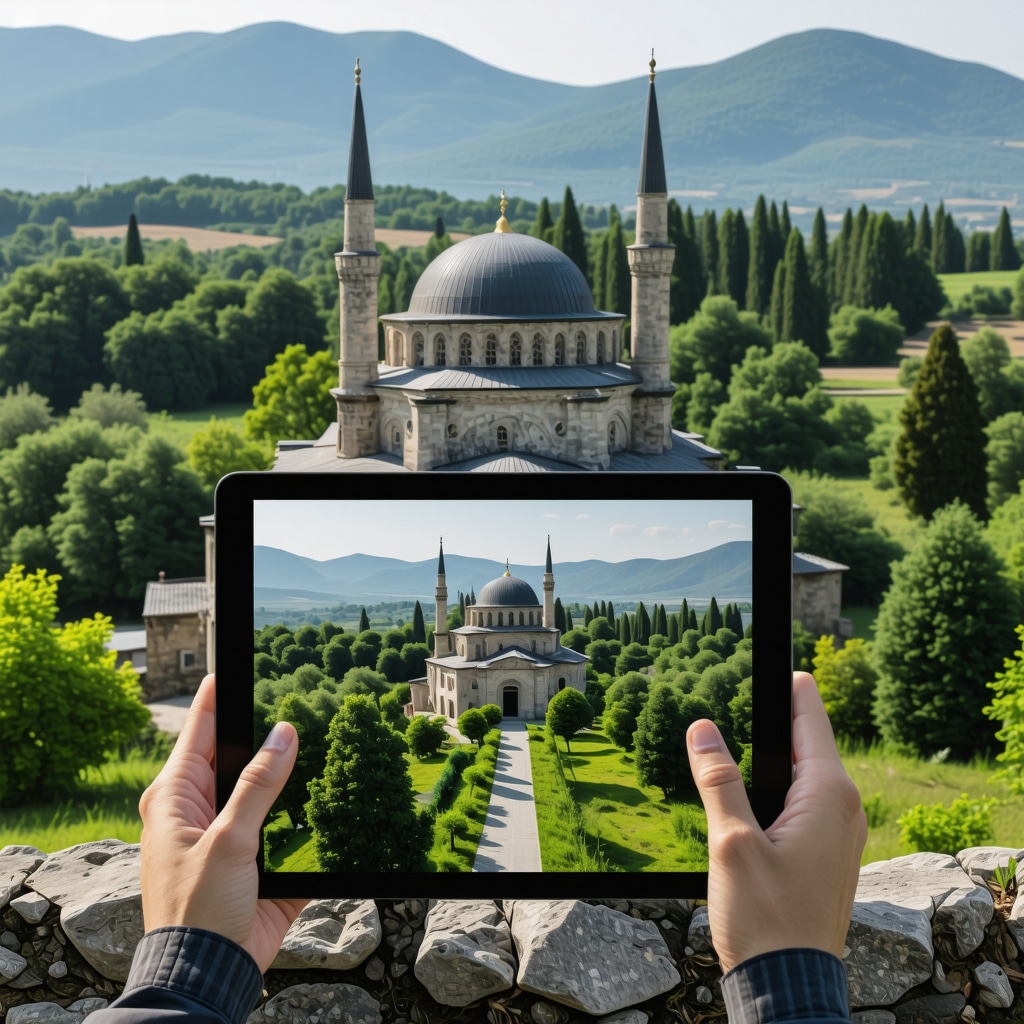 Tablet showing AR interface over Šarena Džamija mosque with natural surroundings in Tetova