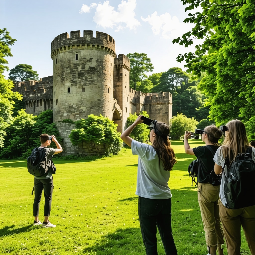 Visitors using augmented reality devices at Yoros Castle blending historical and natural elements