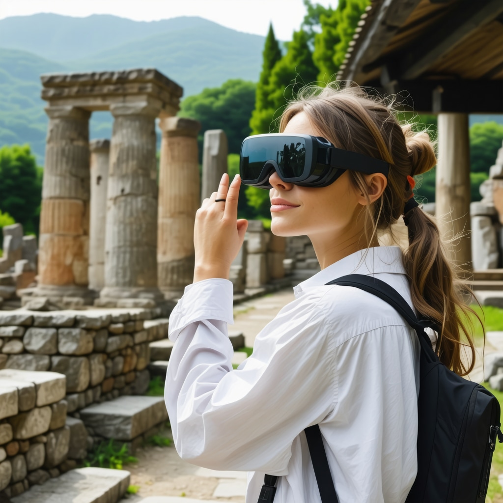 Tourist with augmented reality glasses exploring historical ruins and nature trails in Pristina