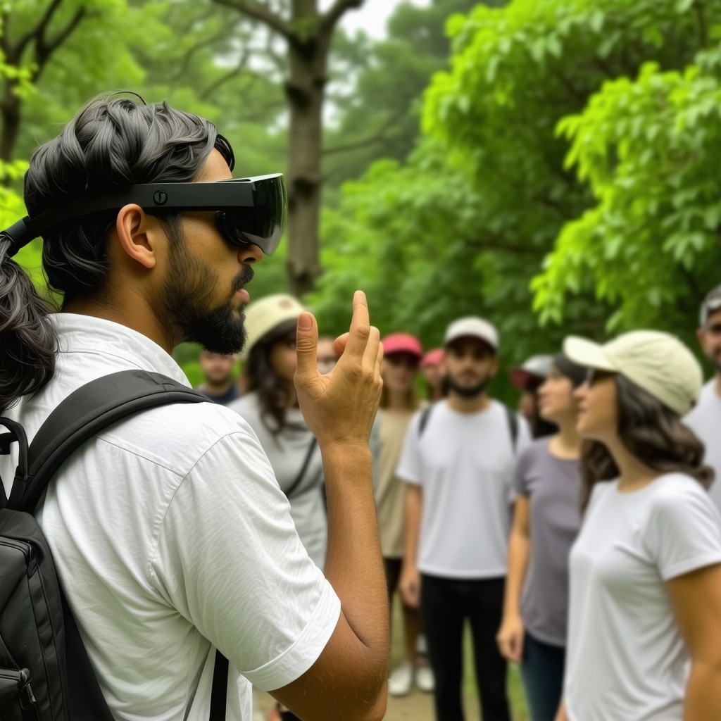 Tour guide demonstrating augmented reality technology in Kırklareli's Longoz Forest to tourists