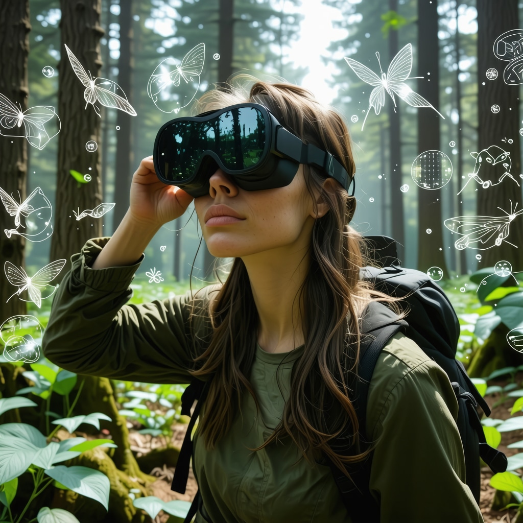 Hiker wearing AR glasses exploring Arad's forest with digital flora and fauna information overlays