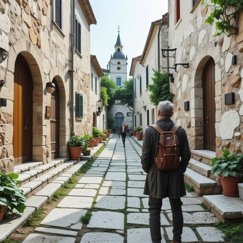 Digital augmented reality overlay on Trogir's historic streets showing ancient structures and nature