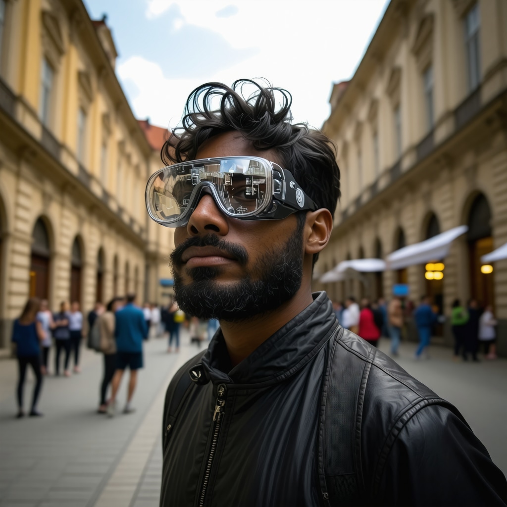 Tourist with AR glasses exploring historic and green urban areas in Cluj-Napoca