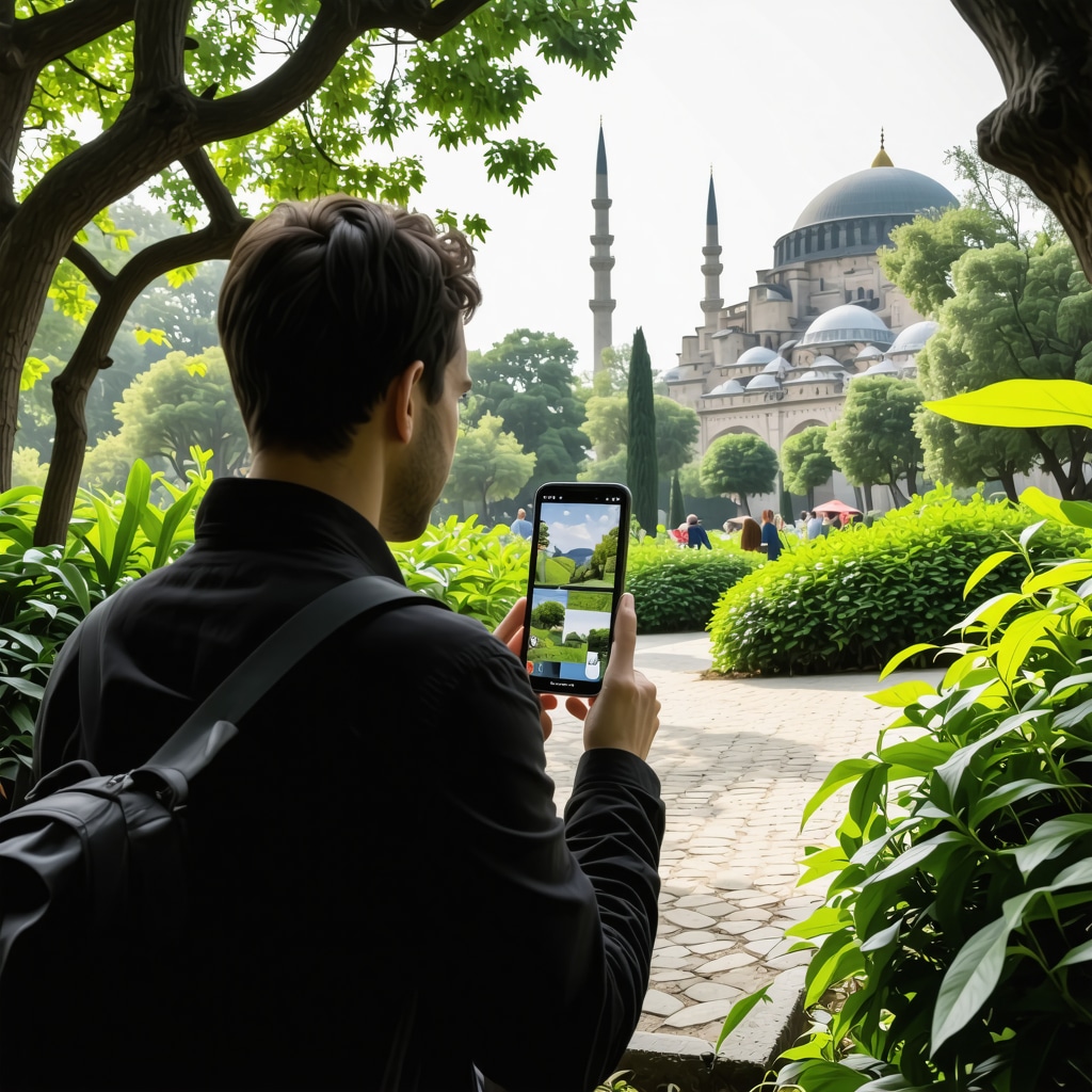 Tourist using augmented reality app in Istanbul's historical park with interactive sustainable tourism content