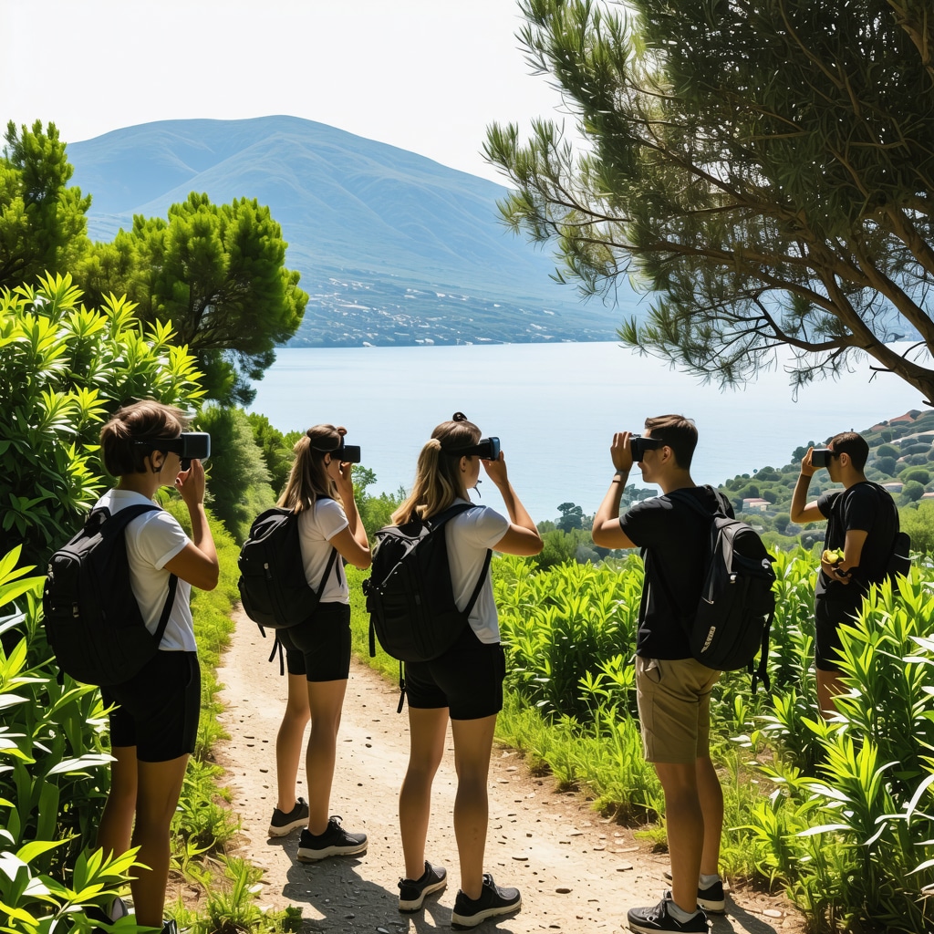 Tourists using augmented reality devices on a coastal nature trail in Tivat for eco-tourism