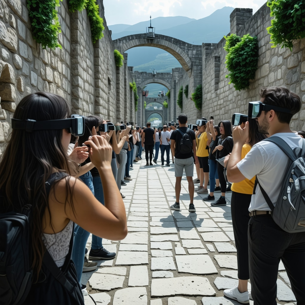 Tourists using AR glasses to explore Stolac's ancient stone bridges with digital information overlays