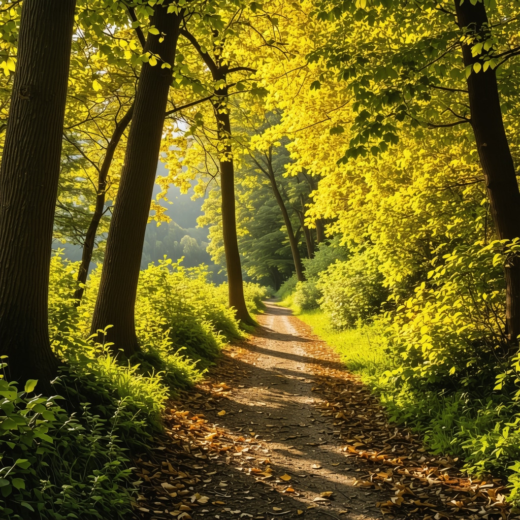 A forest trail with golden autumn leaves and sunlight near Sighișoara Castle