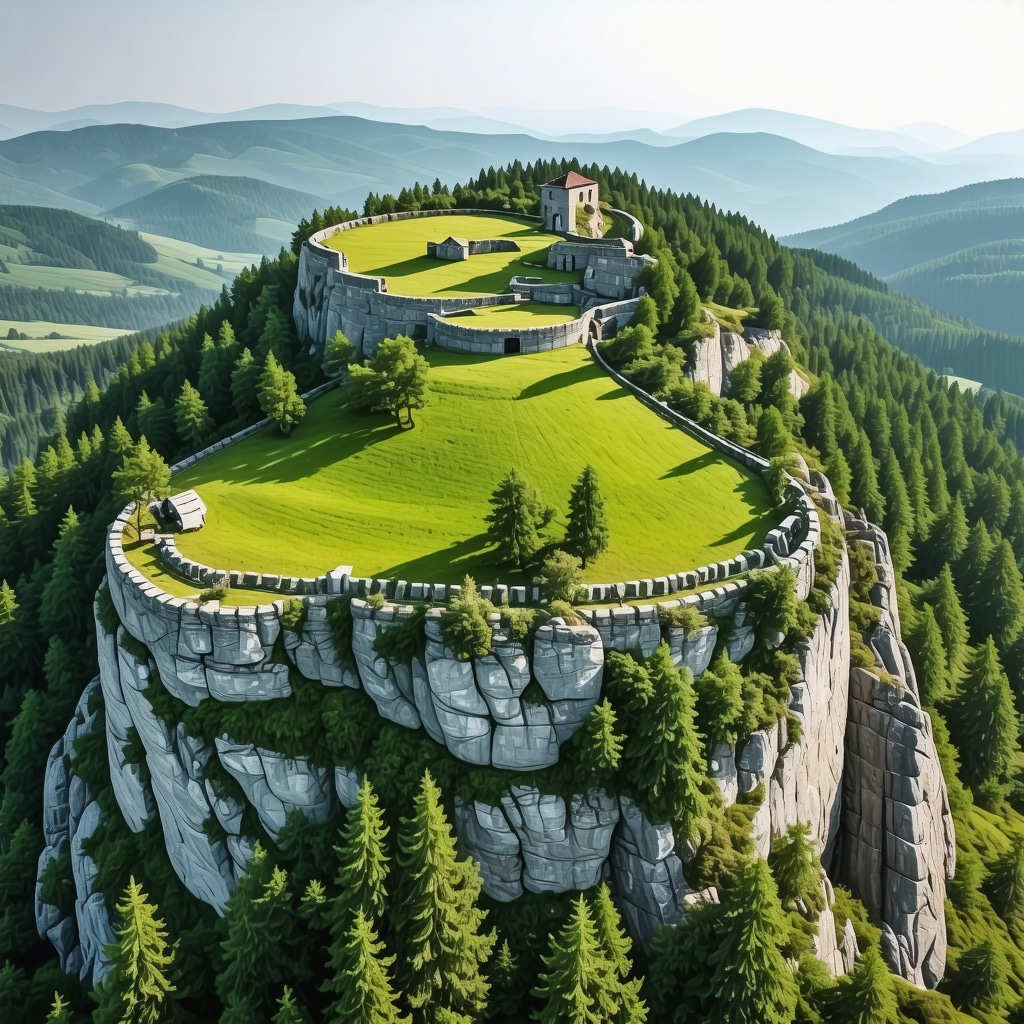 Drone aerial view of Avala Mountain featuring augmented reality tourism interface showing nature and historical information