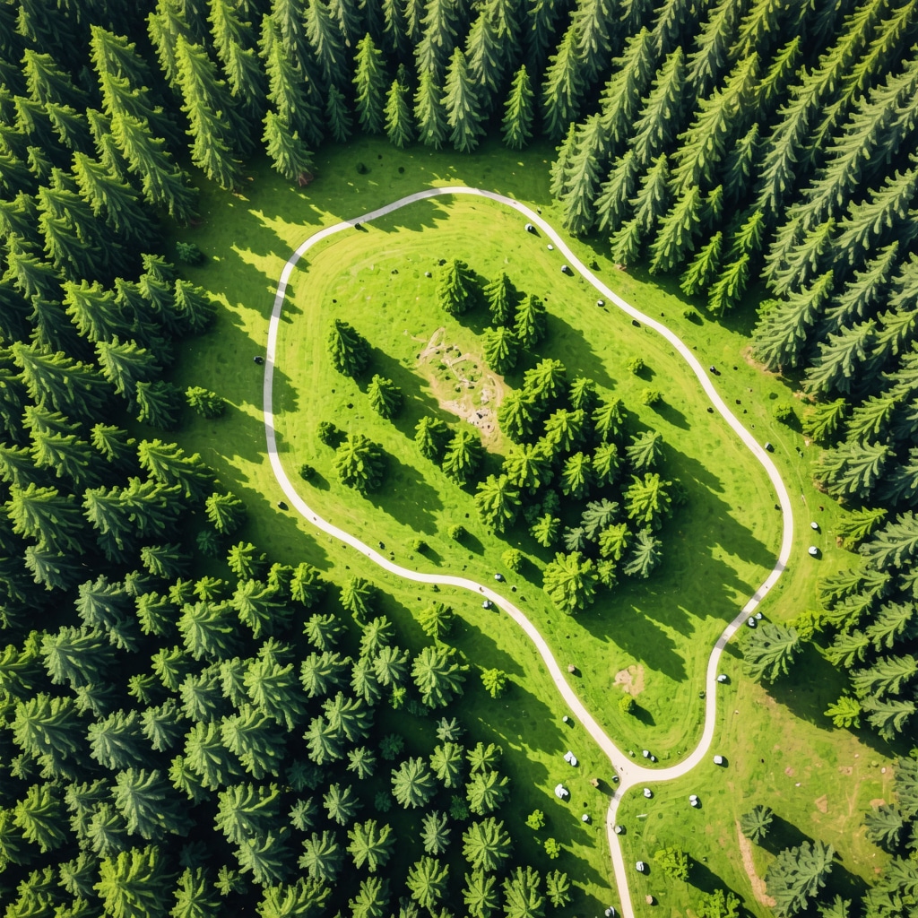 Aerial view of Belgrad Forest with walking trails and archaeological site overlay representing nature and history in Istanbul