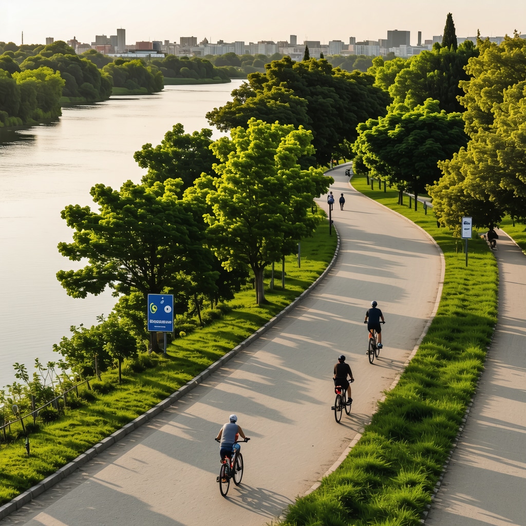Belgrad parklarında bisiklet süren insanlar ve nehirlerin birleştiği doğal alan panoramik görünümü