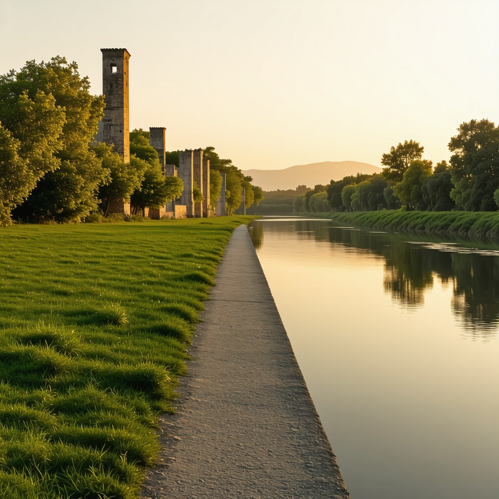 Walking trail along the river in Belgrade with historic ruins and green trees at sunset