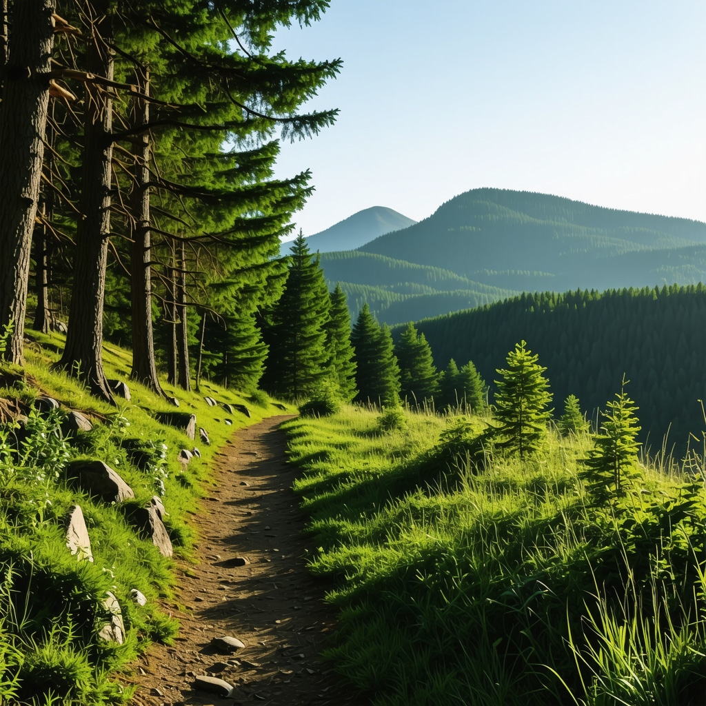 Mountain trail in Borovets surrounded by forest and ancient ruins in morning light
