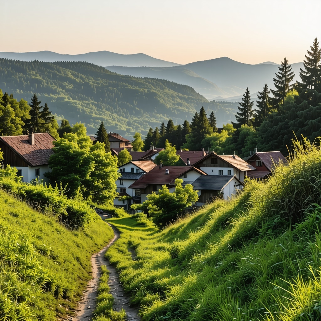 Panoramic view of Borovets mountain trails and historic village during sunset
