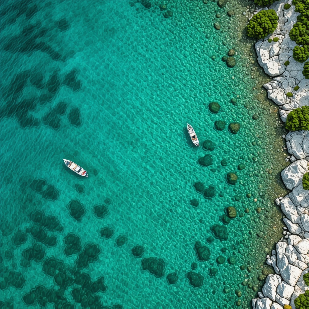 Brač Adası'nın temiz turkuaz denizinde görünen deniz çayırları ve elektrikli tekneler
