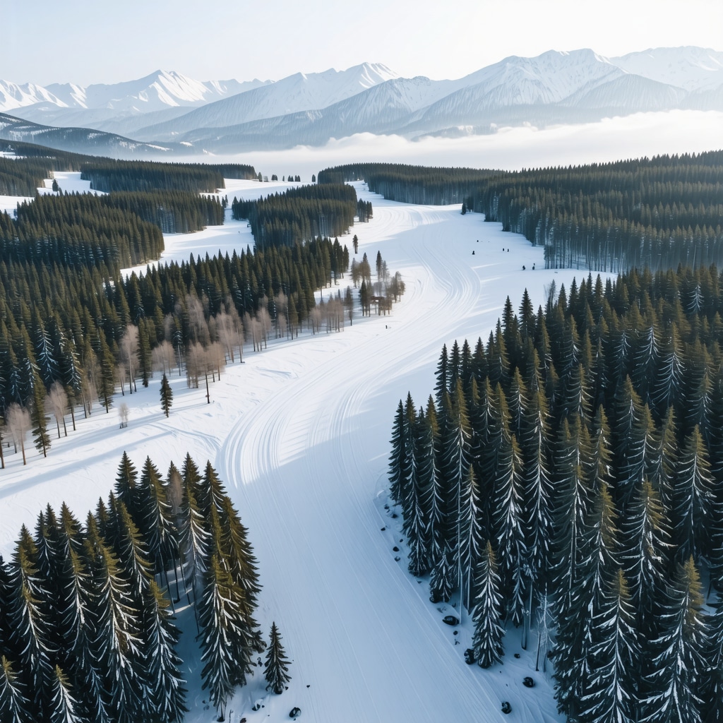 Aerial view of Brezovica ski resort with sustainable trails, eco lodges, and environmental monitoring technology