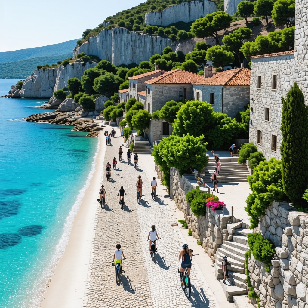 Aerial image of Budva coastline featuring beaches, historical buildings, and eco-friendly transport