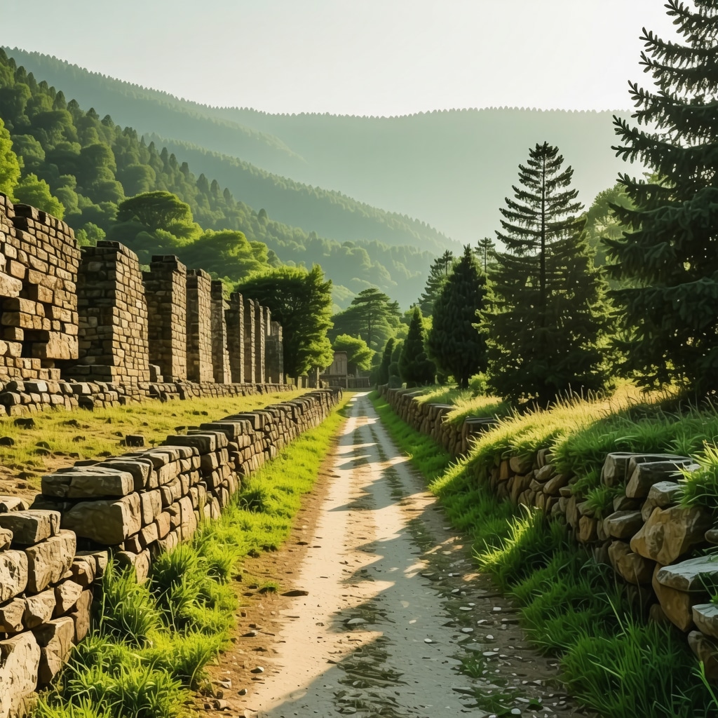 Hiking trail in Bursa showing forest and ancient ruins in golden light