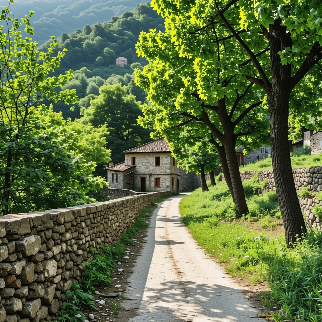 A nature trail in Bursa featuring green forests and old stone houses
