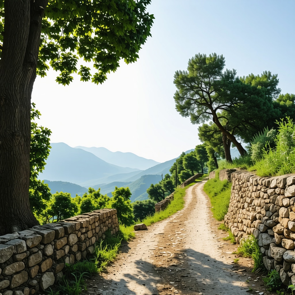 Hiker walking on a lush green trail with ancient stone walls and mountains in the background in Bursa