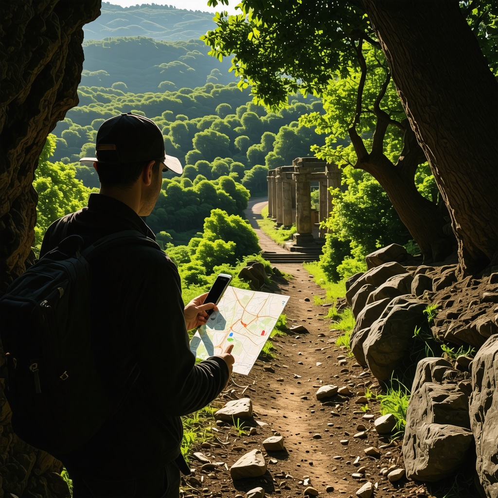 Hiker on Bursa nature trail using traditional map and smartphone GPS surrounded by ancient ruins and dense forest