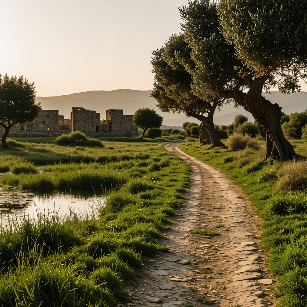 Walking trail through ancient ruins and olive trees in Butrint National Park with birds at sunrise