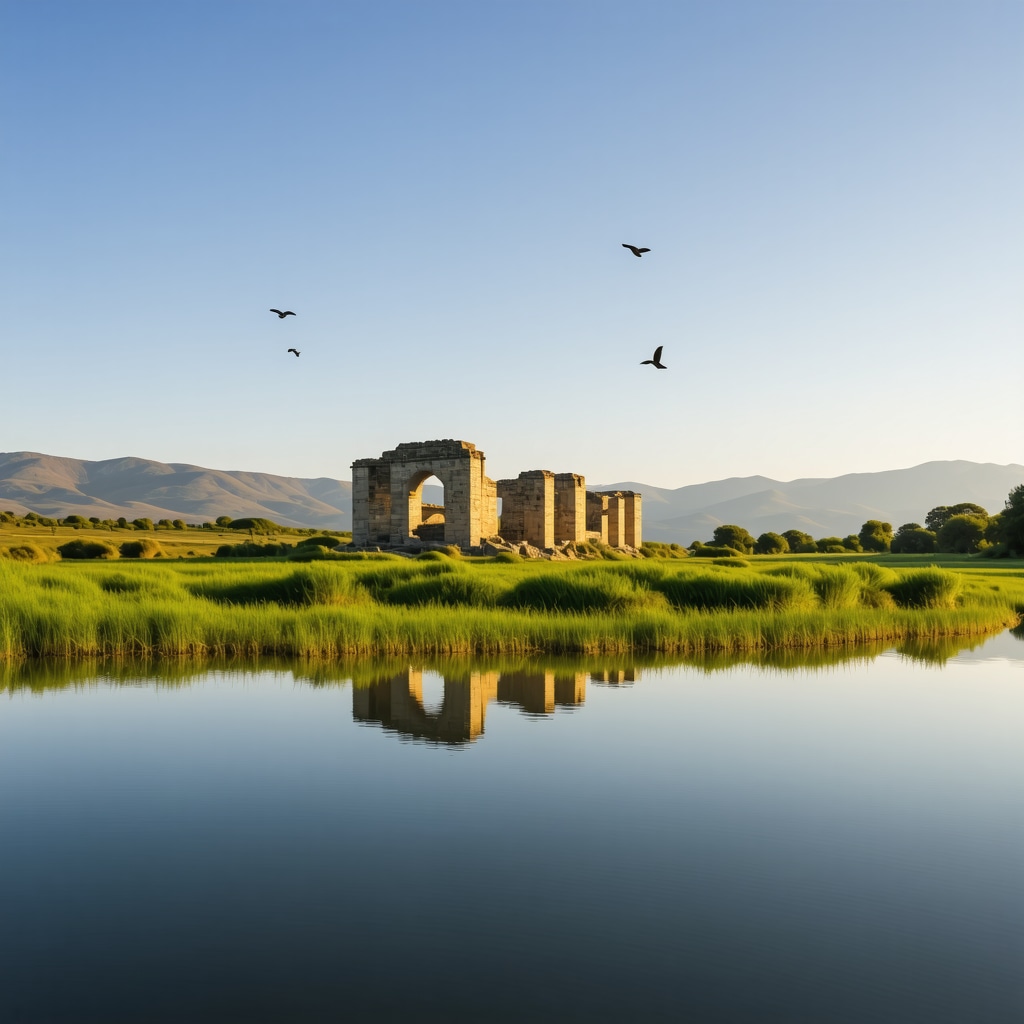 Butrint ancient ruins amidst wetlands with birds flying at sunrise