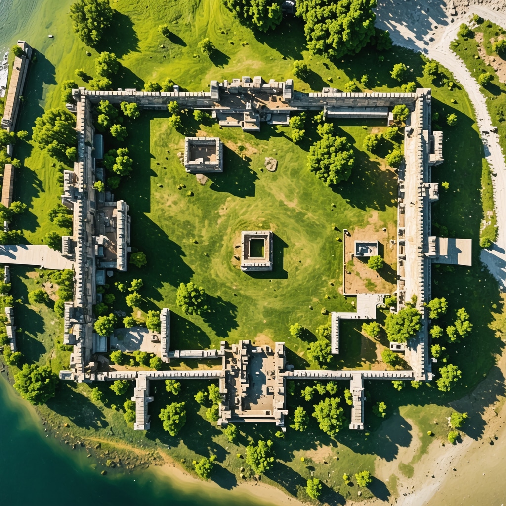 Drone aerial view of Butrint ruins with augmented reality and 3D mapping visualization for sustainable tourism