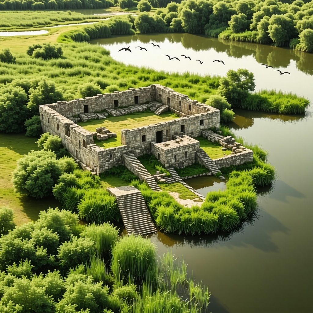 Aerial photo showing Butrint ancient ruins amidst wetlands with birds flying