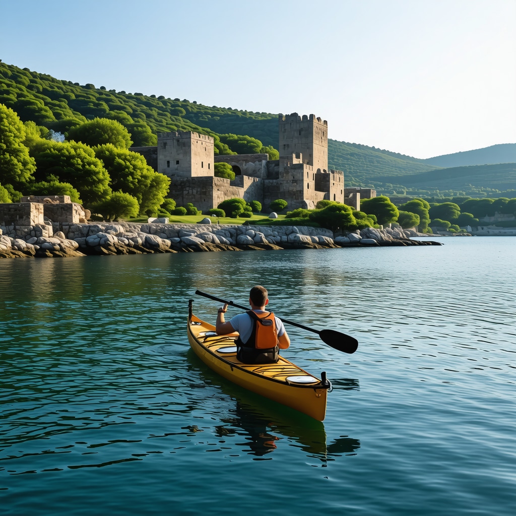 Kayaker paddling near historical ruins along the lush green coastline of Çanakkale