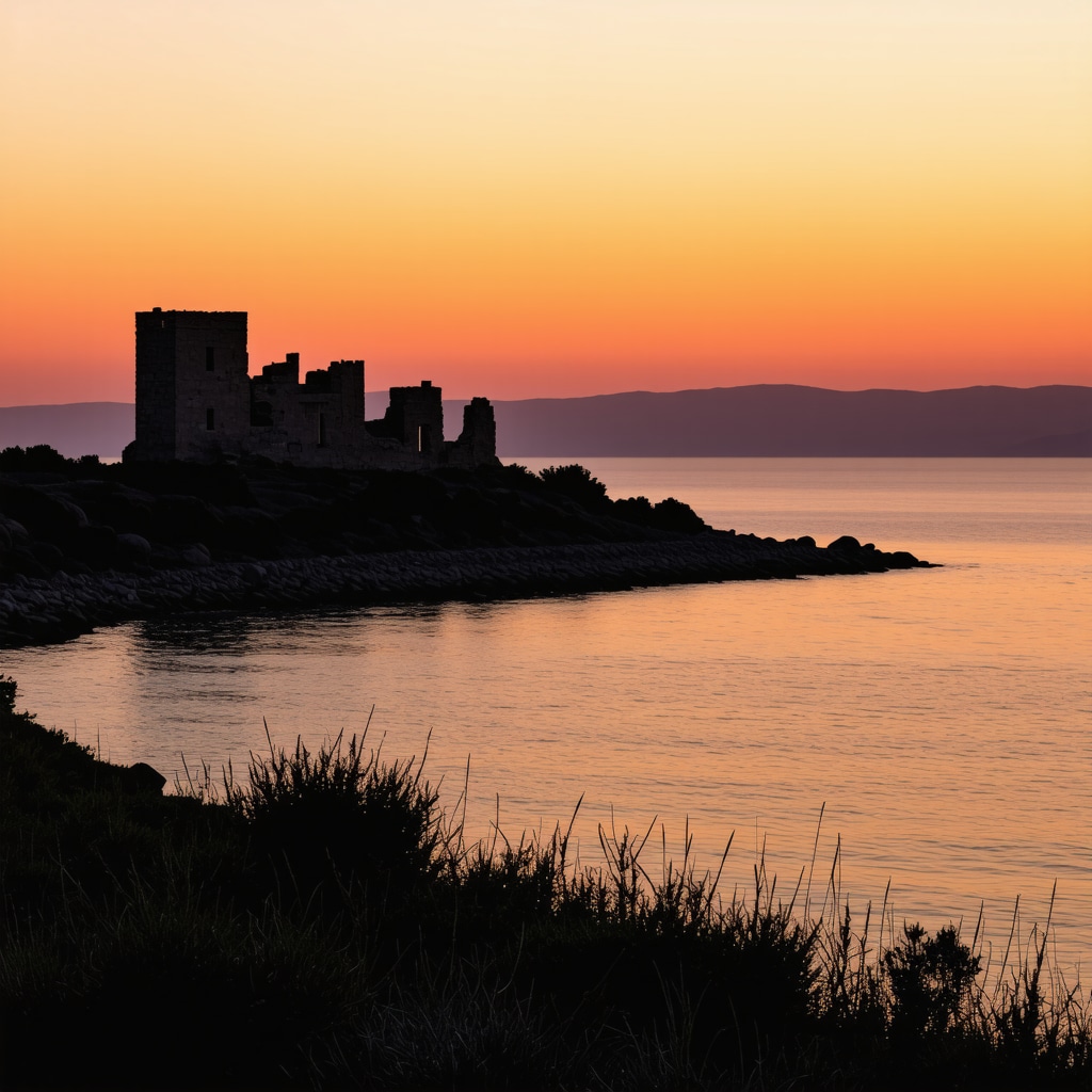 Sunset over Gelibolu Peninsula with ancient ruins silhouetted against colorful sky and calm sea