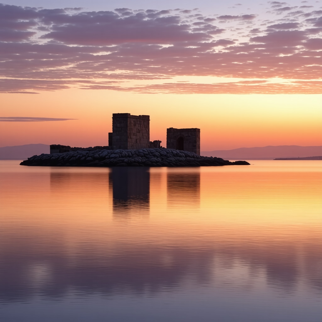 Sunset over Çanakkale's ancient ruins with vibrant sky and calm sea